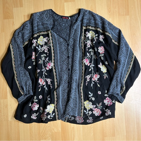 Johnny Was Black and Gray Floral Embroidered Button Down Shirt - Picture 5 of 15